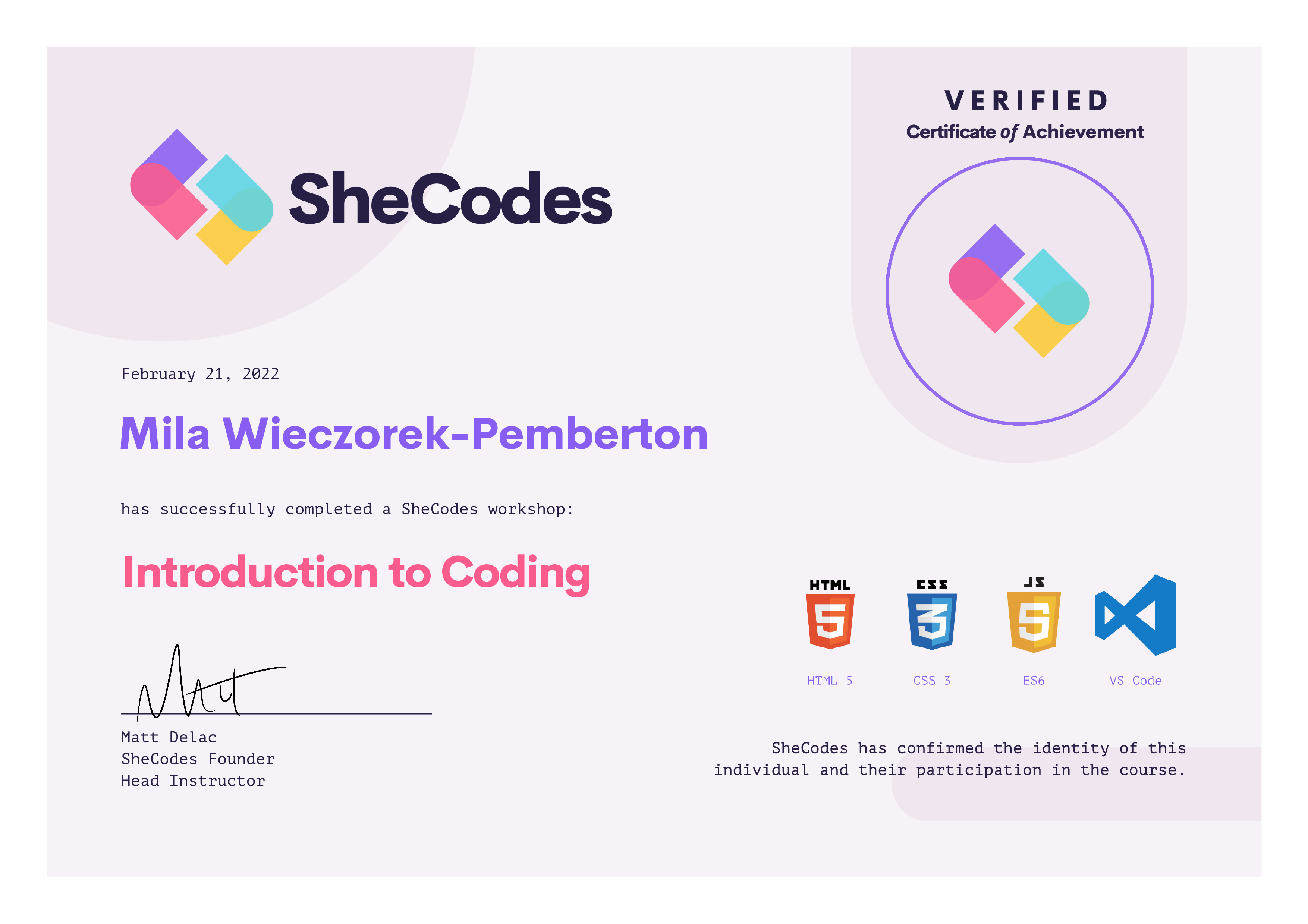 SheCodes Inroduction to Coding Certification